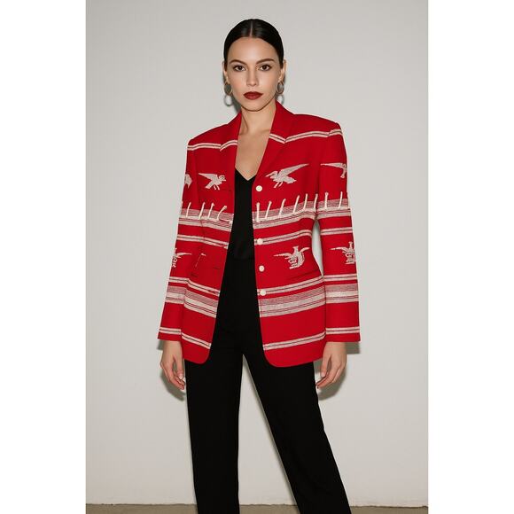 Rare Vintage Richard Tyler Woven Red Bird Statement Jacket Blazer Small 80s - Picture 2 of 12